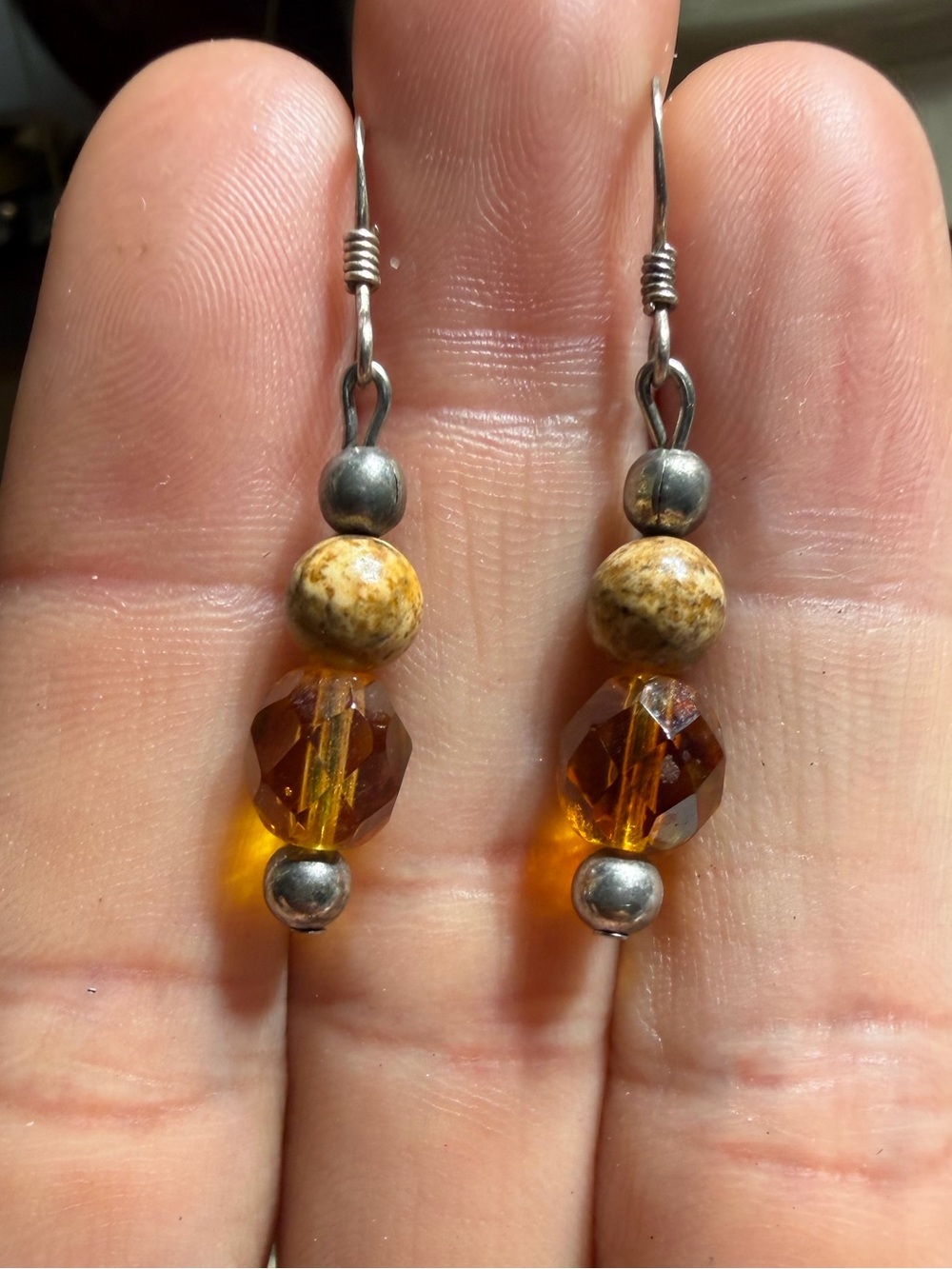 Vintage 925 Sterling Silver Amber-Tone Faceted Bead Drop Earrings